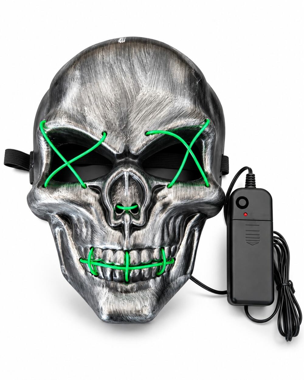 Halloween Skull Light Up Mask Green LED Silver Black Adult Costume Unisex